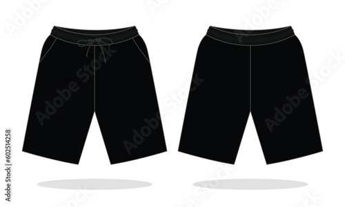 Blank Black Running Shorts Pants Template on White Background. Front and Back Views, Vector File.