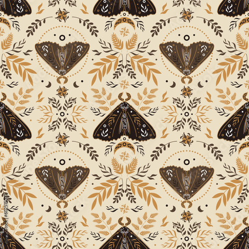 Natural magic motif in Scandinavian folk style. Vintage illustration. Seamless pattern with butterflies, ferns and other forest herbs. Fairy forest. In earthy tones. For printing on fabric, wallpaper