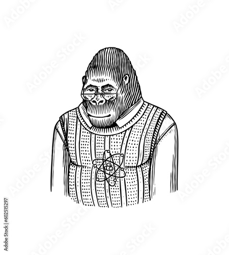 Monkey scientist character in a suit. Fashion Gorilla in an atom sweater. Animal in Retro Clothing. Vintage engraving style. Hand drawn sketch for typography, logo avatar or tattoo or T-shirts.