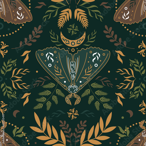 Natural magic motif in Scandinavian folk style. Vintage illustration. Seamless pattern with butterflies, ferns and other forest herbs. Fairy forest. For printing on fabric, wallpaper