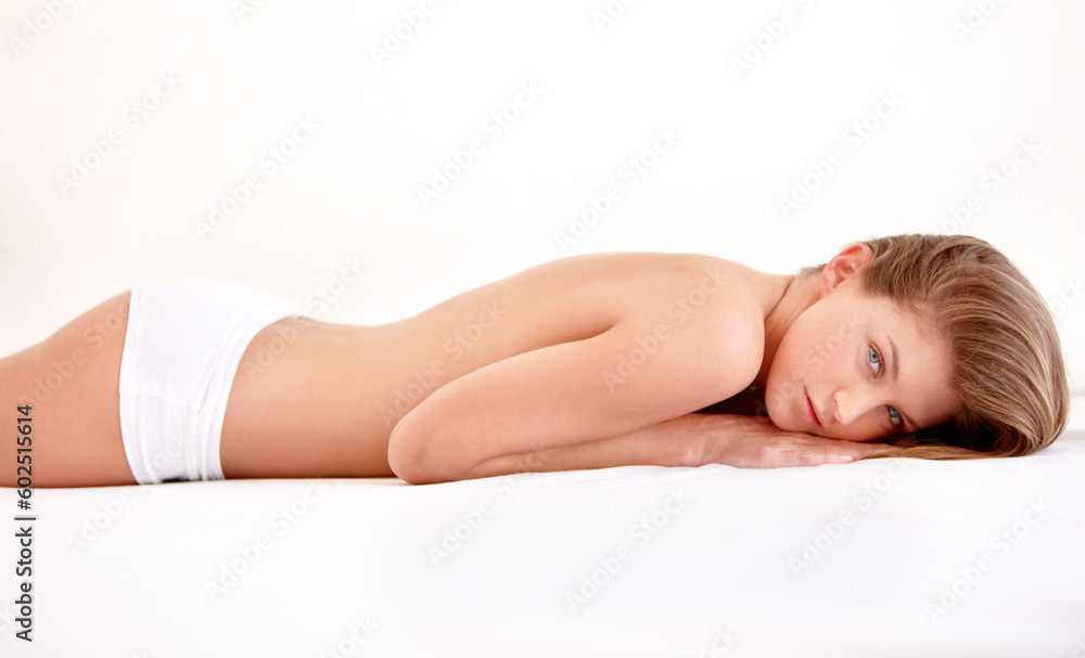 Sexy, underwear and portrait of woman in bed with confidence, seductive and sensual pose at home. Morning, lingerie and beautiful, gorgeous and attractive female person laying on white background Sexy, underwear and portrait of woman in bed with confidence, seductive and sensual pose at home. Morning, lingerie and beautiful, gorgeous and attractive female person laying on white background
