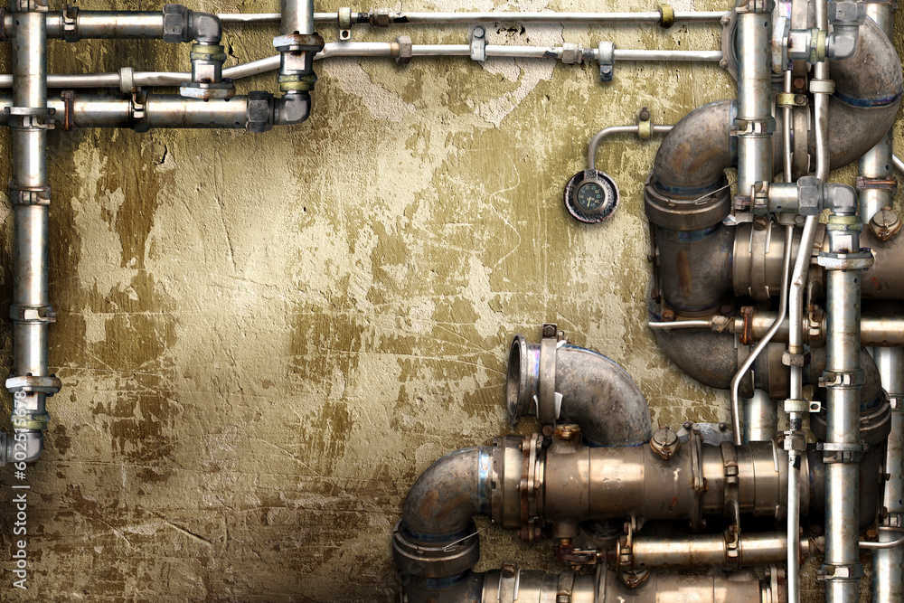 Vintage steampunk backdrop with pipes on stucco wall. Open space with concrete wall and pipelines. Copy space for text. Grunge interior retro background