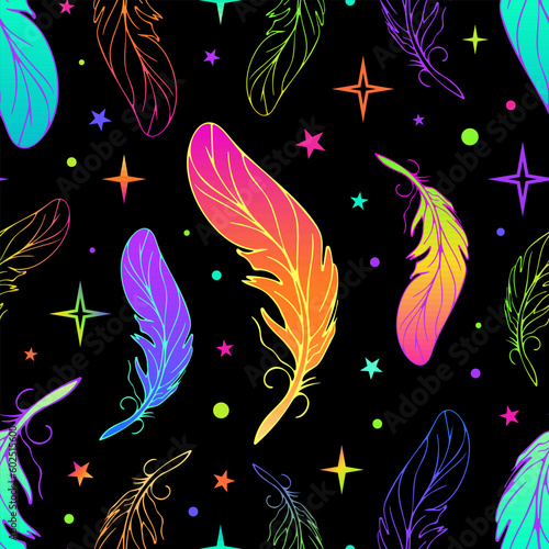 Feathers seamless bright gradient pattern in modern style. Stars and space in neon colors. Tribal theme, 90s, hippie, psychedelic, dream catchers, boho chic. For wallpaper, fabric, background.