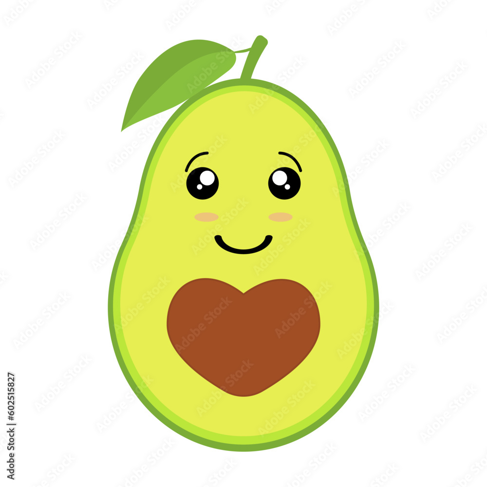Cute avocado with a smile and a heart. Cute avocado with a heart-shaped stone isolated on a white background. Sticker, character, icon, symbol. Vector illustration Cute avocado with a smile and a heart. Cute avocado with a heart-shaped stone isolated on a white background. Sticker, character, icon, symbol. Vector illustration