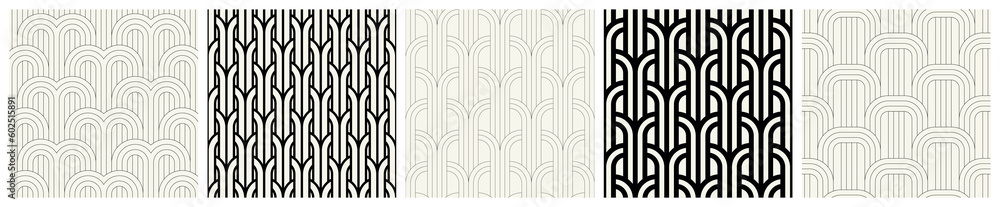 Linear Style Pattern Tileable Vector seamless patterns set. Stylish linear ornaments. Geometric ...