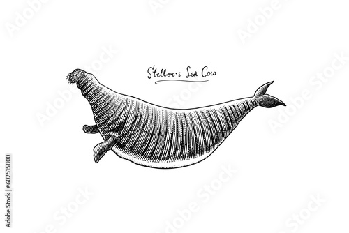 Steller's sea cow. Extinct mammal animal. Engraved Hand drawn vector illustration in woodcut Graphic vintage style.
