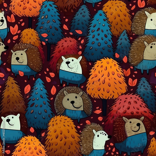 Hedgehogs autumn seamless repeat pattern - fantasy colorful cubism, abstract art, trippy psychedelic [Generative AI]  © Roman