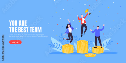 People standing on the money podium rank first three places, jumps in the air with trophy cup. Employee recognition and competition award winner business concept flat style design vector illustration.