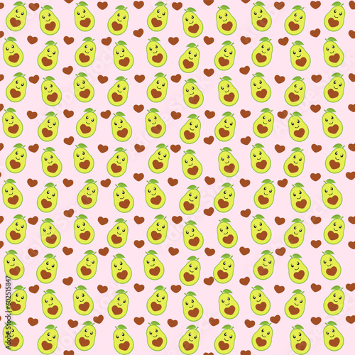 Fototapeta Naklejka Na Ścianę i Meble -  Cute seamless background with avocado and hearts. Avocado Fruit Characters with funny faces. Cute re-print, scarf, packaging design. Vector romantic background