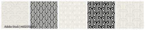 Vector seamless patterns set. Stylish linear ornaments. Geometric backgrounds with thin and bold arches. Regular monochrome swatches. Art deco tileable grids.