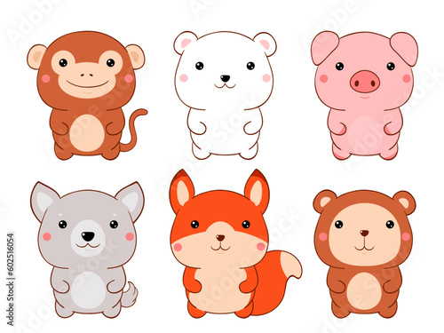 Set of cute fat cartoon animals in kawaii style. Collection of lovely animal baby. Funny monkey, squirrel, polar bear, wolf, gopher, pig. Vector illustration EPS8 photo