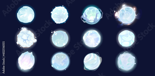 Frozen alien space planet cartoon fantasy set. Ice vector galaxy world icon isolated on dark background. Icy satellite sphere glowing illustration. Snow astronomy assets. Crystal meteor collection