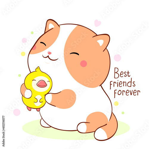 Best friends forever. Cute fat kitten hugs duckling friend. Can be used for design of t-shirt, poster, print, card