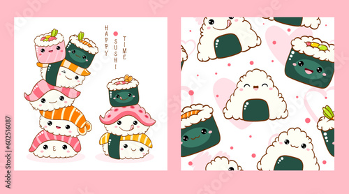 Set of seamless pattern and one print with cute sushi and roll in kawaii style. Endless texture can be used for textile pattern fills, t-shirt design