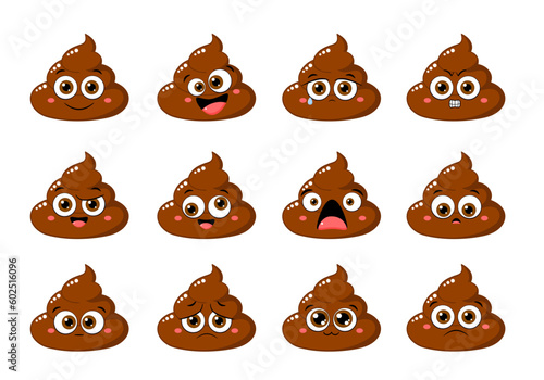 Collection of Cute funny poop with different mood. Set of cartoon poo emoji faces in different expressions - happy, sad, cry, fear, crazy. Vector illustration EPS8 