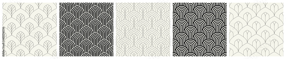 Vector seamless patterns set. Stylish linear ornaments. Geometric striped backgrounds with arches. Art deco thin monochrome swatches. Tileable prints with linear pointed arches.