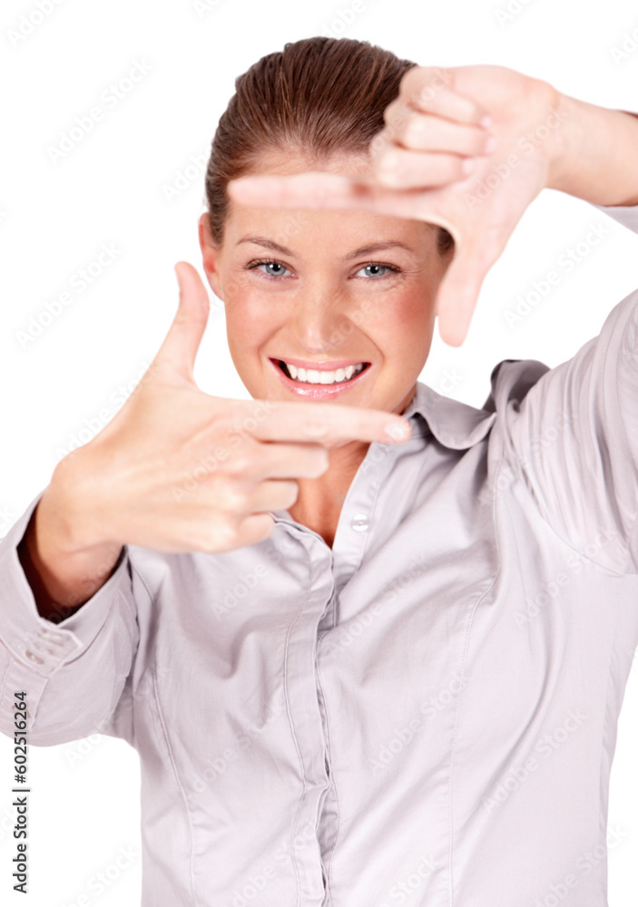 Hands, selfie and portrait of woman doing frame sign or gesture for a picture isolated in a white studio background. Young, focus and female person or employee framing her face with her finger border Hands, selfie and portrait of woman doing frame sign or gesture for a picture isolated in a white studio background. Young, focus and female person or employee framing her face with her finger border