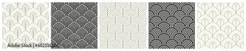 Vector seamless patterns set. Stylish linear ornaments. Geometric striped backgrounds with arches. Art deco thin monochrome swatches. Tileable prints with linear pointed arches.