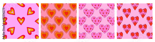 set of 1970 psychedelic seamless patterns. 1970s good vibes hearts ornaments collection. 1960 retro Valentine. Hippie peace and love. Funky and groove card. Trippy art.Hippie wallpaper background	
