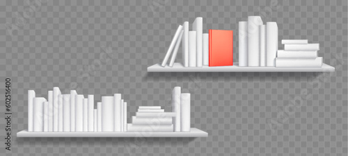 White blank 3d book shelf cover library mockup. Realistic vector wall bookshelf mock up isolated on transparent background. Office or store presentation with series or education literature template