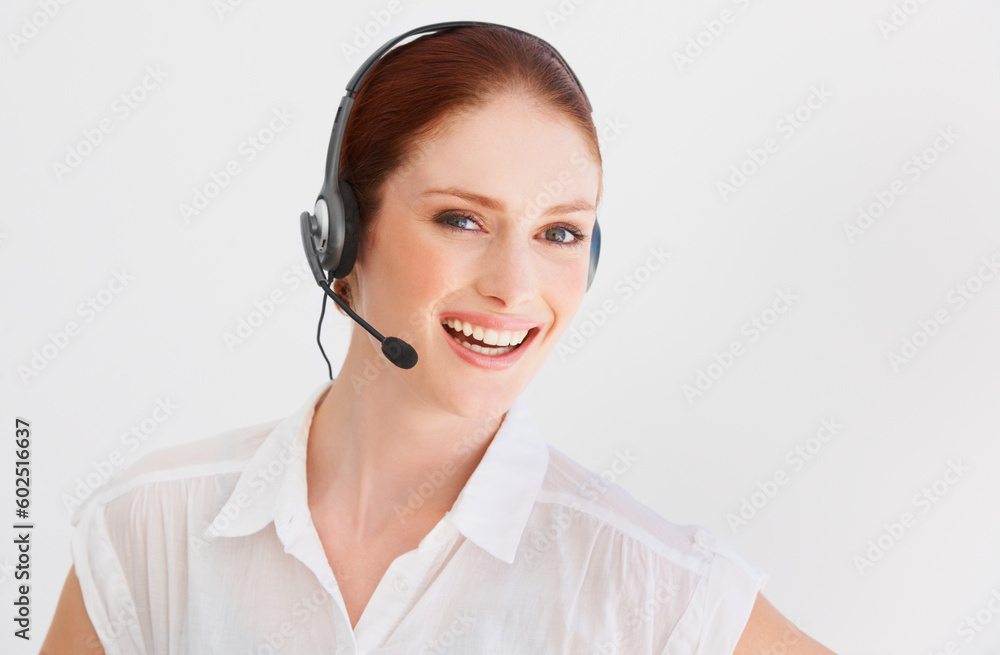 Call center, communication and portrait of woman in studio for telemarketing, customer service and help desk. Happy, smile and contact with face of consultant isolated on white background for mockup Call center, communication and portrait of woman in studio for telemarketing, customer service and help desk. Happy, smile and contact with face of consultant isolated on white background for mockup