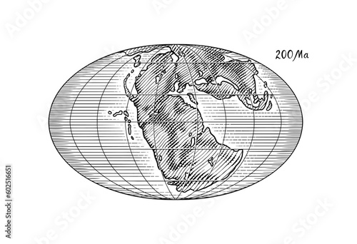 Plate tectonics on the planet Earth. Pangaea. Continental drift. Supercontinent at 200 Ma. Era of the dinosaurs. Jurassic period. Mesozoic. Hand drawn sketch for typography. Vintage engraving style. photo
