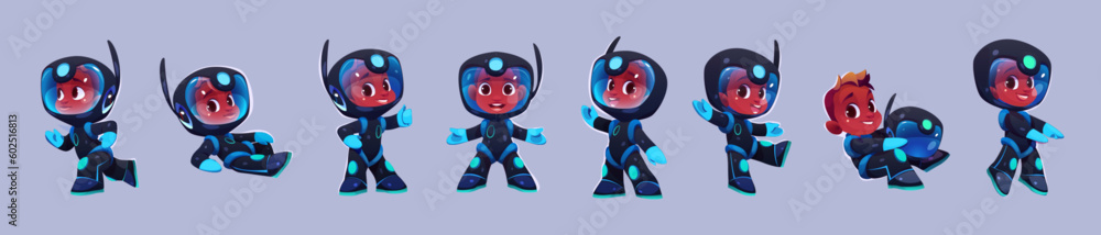 Obraz premium Black boy in space astronaut suit cartoon vector character. Cute little kid cosmonaut wear helmet and costume for flying, smile, lying and running clipart galaxy isolated astronut illustration set