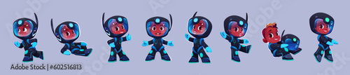 Black boy in space astronaut suit cartoon vector character. Cute little kid cosmonaut wear helmet and costume for flying, smile, lying and running clipart galaxy isolated astronut illustration set