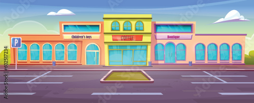 Vector car parking store building front exterior background. Grocery supermarket mall with street road outside cartoon commercial illustration. Entrance to local retail market for coffee or food