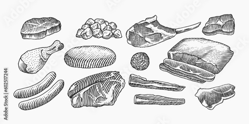 Red meat products. Veal beef, ribs, Bacon, jamon, mortadella, lamb beef Steak, pork sausage, chicken legs, sirloin, brisket Butchery food Hand drawn Vintage sketch. Products for label, restaurant menu