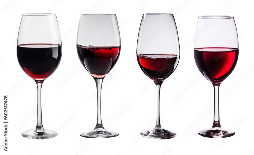 set of isolated illustrations of red wine glasses. Created with Generative AI set of isolated illustrations of red wine glasses. Created with Generative AI