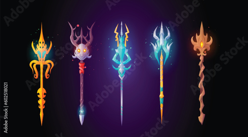 Magic staff icon. Devil trident and spear cartoon fantasy ui set. Gold mythology pitchfork for demon illustration. Magician blue neptune weapon with arrow isolated. Warlock lance for game interface