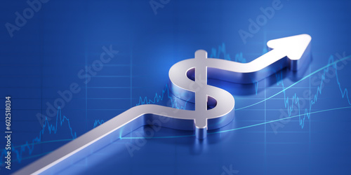 Quadro su tela Growth business dollar money stock graph investment on 3d cash currency finance banking background of profit financial exchange trade graph arrow symbol or success economy usd strategy diagram chart