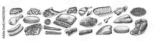 Red meat products. Veal beef, ribs, Bacon, jamon, mortadella, lamb beef Steak, pork sausage, chicken legs, sirloin, brisket Butchery food Hand drawn Vintage sketch. Products for label, restaurant menu
