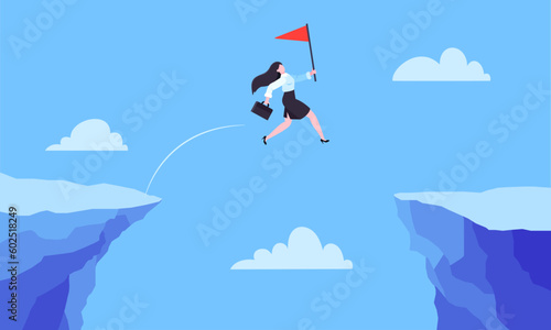 Businesswoman jumps over the abyss across the cliff flat style design vector illustration. Business concept of fearless businesswoman with courage. Risk, goal achievement, work obstacles and success.