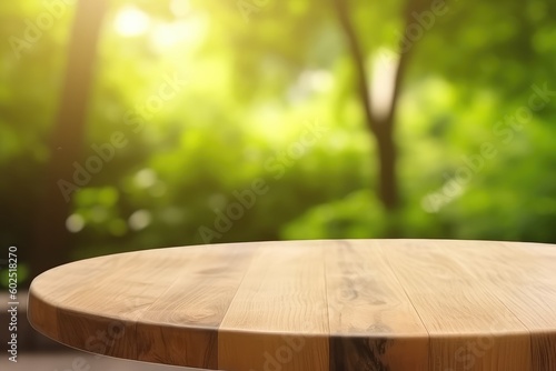 Fototapeta Naklejka Na Ścianę i Meble -  Empty Round Wooden Table Spring Time Blossoms With Green Nature Background Generative AI