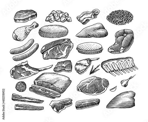 Red meat products. Veal beef, ribs, Bacon, jamon, mortadella, lamb beef Steak, pork sausage, chicken legs, sirloin, brisket Butchery food Hand drawn Vintage sketch. Products for label, restaurant menu
