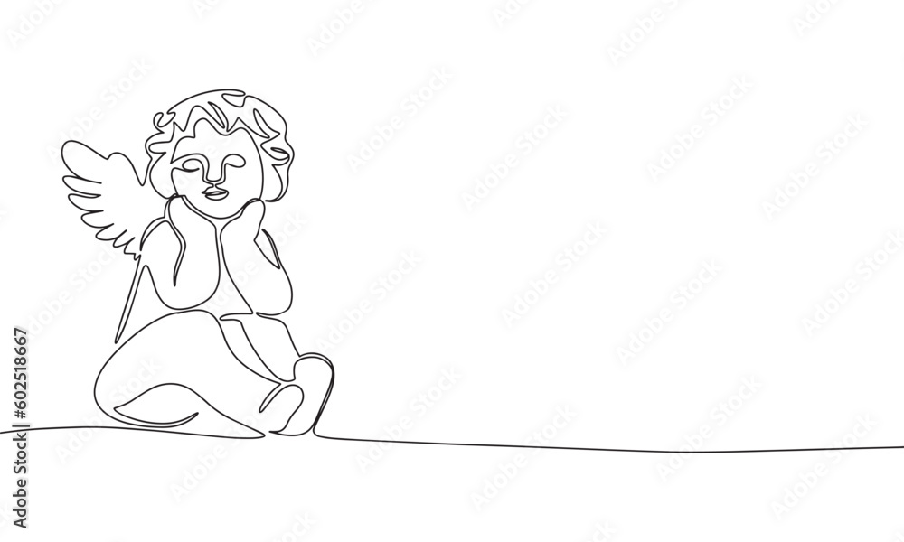 One continuous line illustration of cute little angel with wings. Continuous line drawing of cute cupid. Vector illustration.