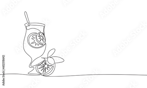 One continuous line illustration of cocktail. Continuous line drawing of fresh summer drink cocktail. Vector illustration.