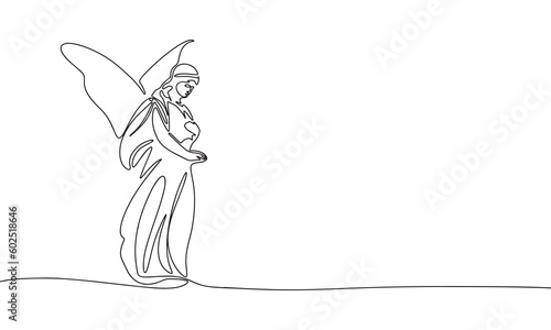 One continuous line illustration of angel as woman. Continuous line drawing of woman angel with wings. Vector illustration.