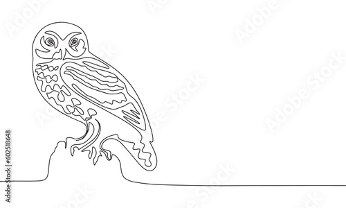 One continuous line illustration of owl. Continuous line drawing of night bird owl. Vector illustration. photo
