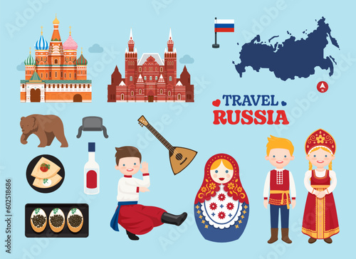 Travel Russia flat icons set. Russian element icon map and landmarks symbols and objects collection. Vector Illustration