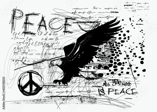 Abstract seamless pattern with handwritten, image of an eagle in graffiti style, Grunge peace sign, background with unreadable handwritten doodles