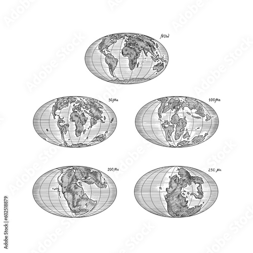 Plate tectonics on the planet Earth. Pangaea. Continental drift. Supercontinent at 250 Ma. Era of the dinosaurs. Jurassic period. Mesozoic. Hand drawn sketch for typography. Vintage engraving style.