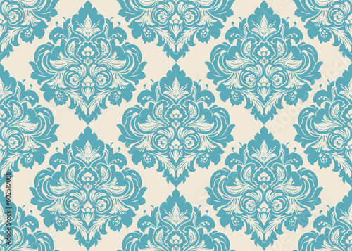 Vector damask seamless pattern background. Classical luxury old fashioned damask ornament, royal victorian seamless texture for wallpapers, textile, wrapping. Exquisite floral baroque template.	
