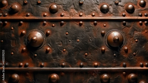 Generative Ai. a close up of a rusted metal door with rivets and rivets.