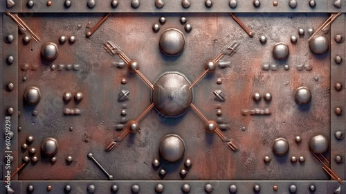 Generative Ai. a close up of a metal plate with rivets and screws