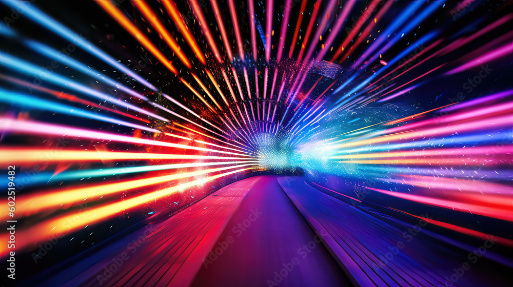 Speed of light in neon colors with copy space as background or banner, warp speed tunnel, Generative AI - obrazy, fototapety, plakaty 