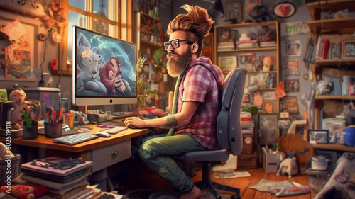 Hipster man working in his eclectic home office filled with images and books. Generative AI illustration. photo