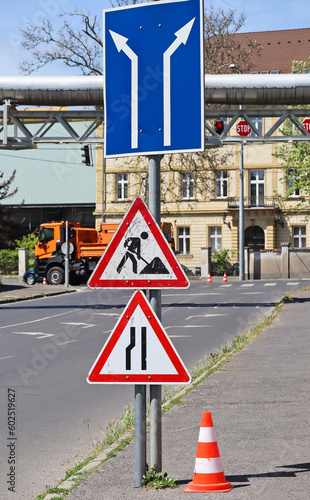 Road works traffic sign at the road construction site